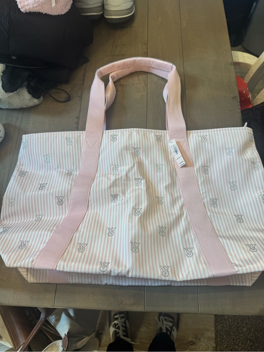 Victoria's Secret Shine Tote Bag NWT Pink White Rhinestones